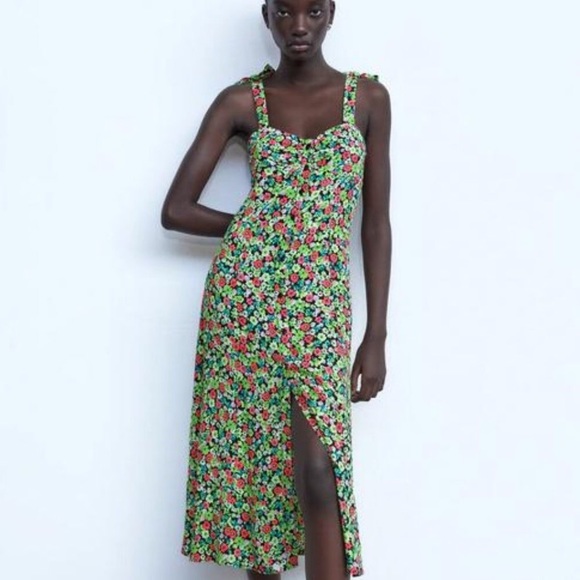Zara✨Floral Print Green Pink Midi Dress - Picture 10 of 12